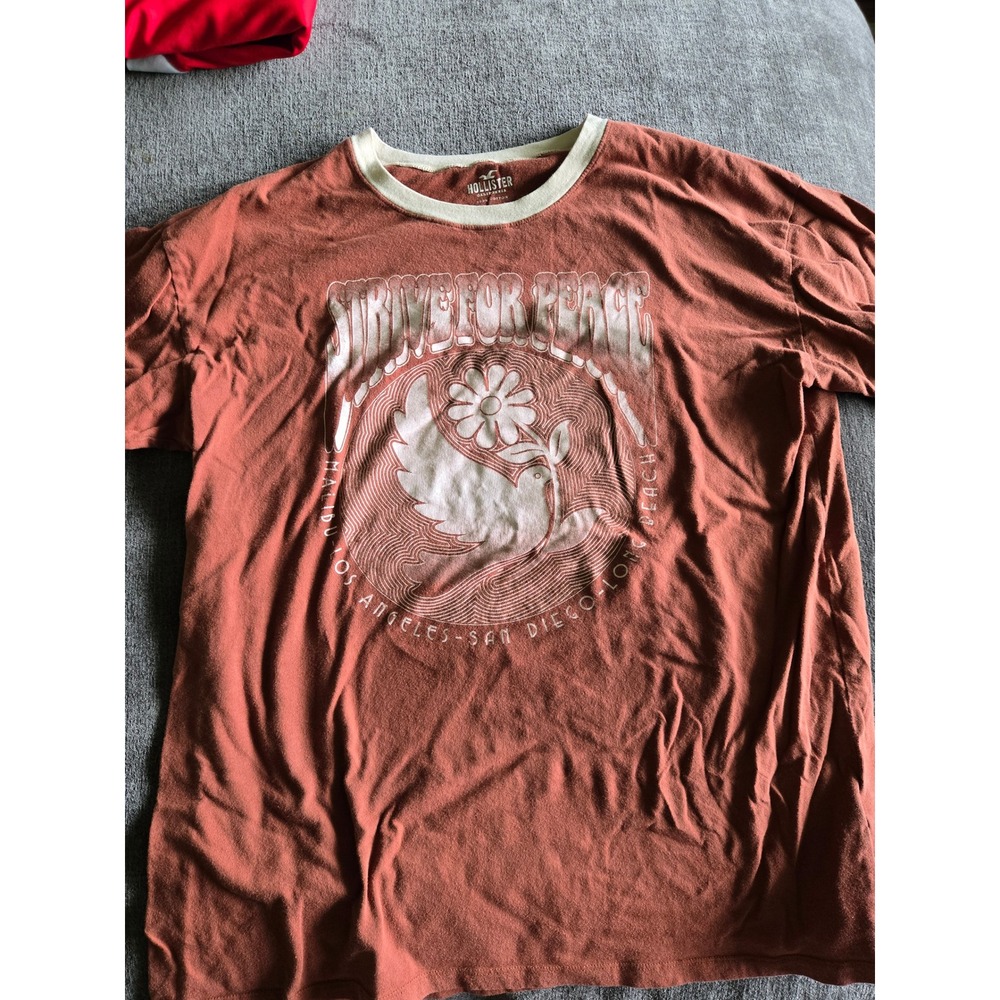 Hollister women Strive For Peace Graphic T-Shirt Burnt Orange Rust Ringer Tee M‎
